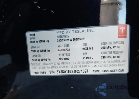 2018 Tesla Model S 100D/75D/P100D из США, поврежденный, VIN 5YJSA1E29JF271597